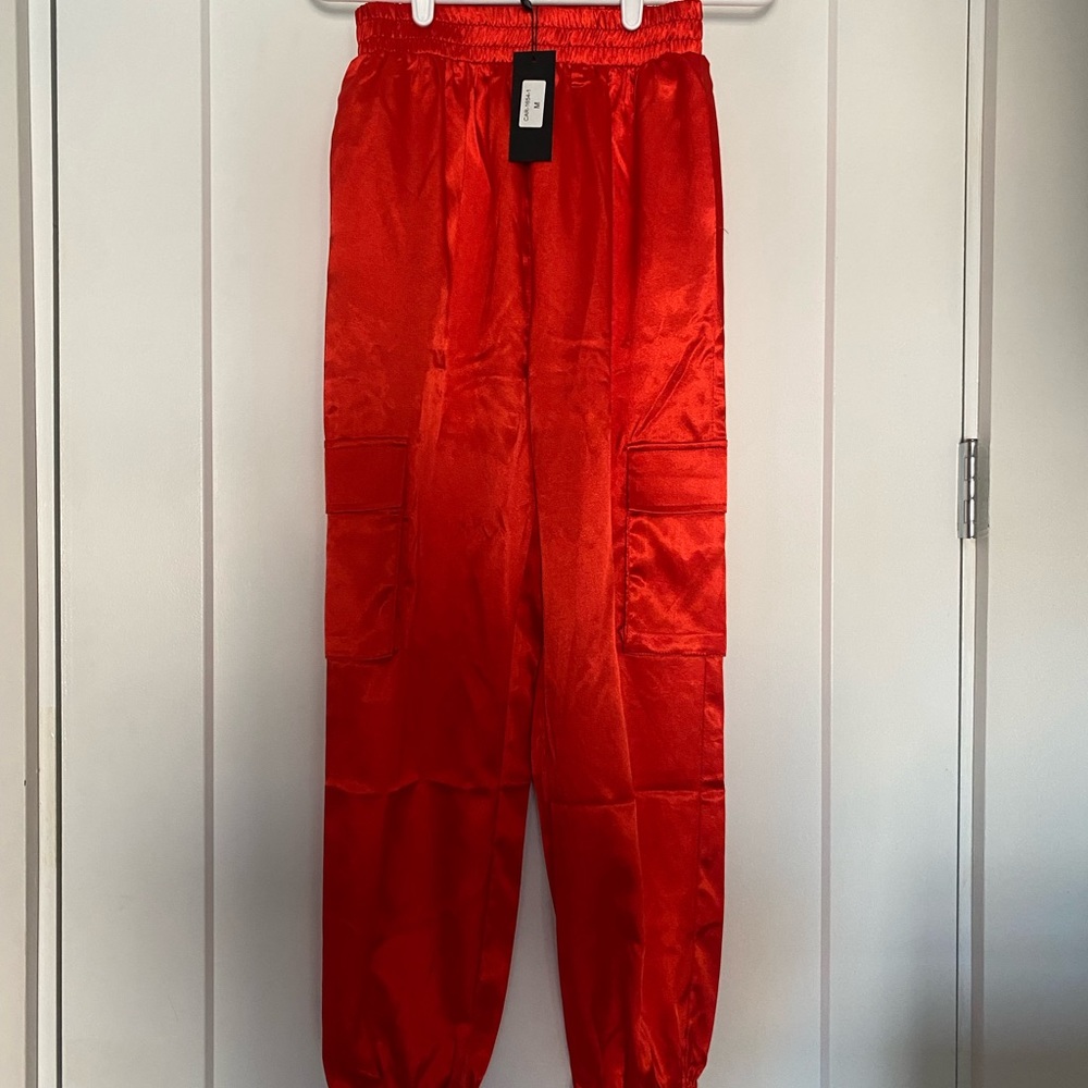 red silk cargo pants carmar